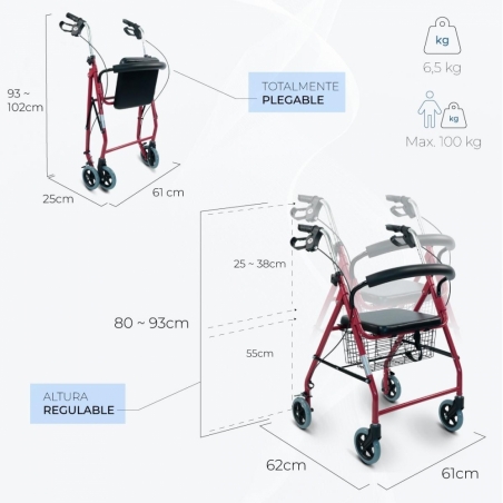 Andador para ancianos de 4 ruedas | Altura regulable, plegable, respaldo y  asiento | Sofía