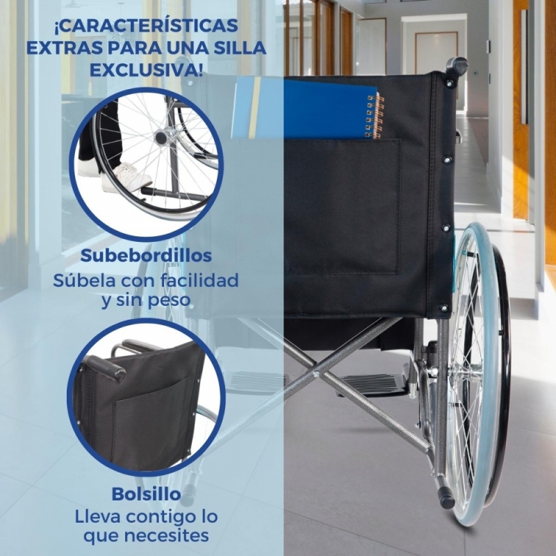 Silla de ruedas, Plegable, Ruedas grandes, Ligera, Ortopédica, Negro, Alcázar